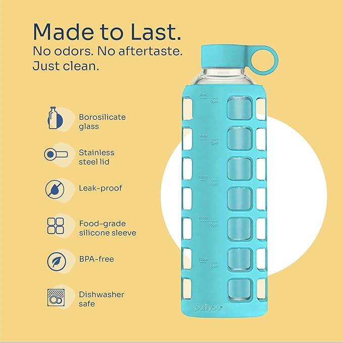 purifyou 40oz / 32oz / 22oz / 12oz Borosilicate Glass Water Bottle with Time & Volume Markers, Silicone Sleeve, Stainless Steel Lid | Reusable Glass Bottle for Water & Juice (32oz Aqua Blue)