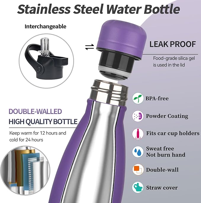 Insulated Water Bottle, 2 Pack-17oz Stainless Steel Water Bottles with straw lid, Metal Sports Water Bottles for Boys,Girls, Double Wall Vacuum BPA-Free Flask for School, Sports (Purple-Oasis)