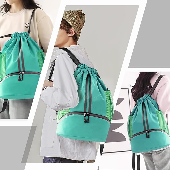 Hoedia Sports Drawstring Backpack - String Swim Gym Bag with Shoes Compartment and Wet Proof Pocket for Women/Men (Mint Green)