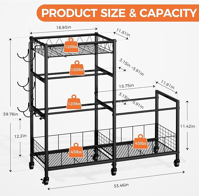 4-Tier Weight Rack Storage for Home Gym, Adjustable Dumbbell Stand Organizer with Wheels, Holds Dumbbells, Kettlebells, Yoga Mats, Fitness Equipment & Workout Accessories