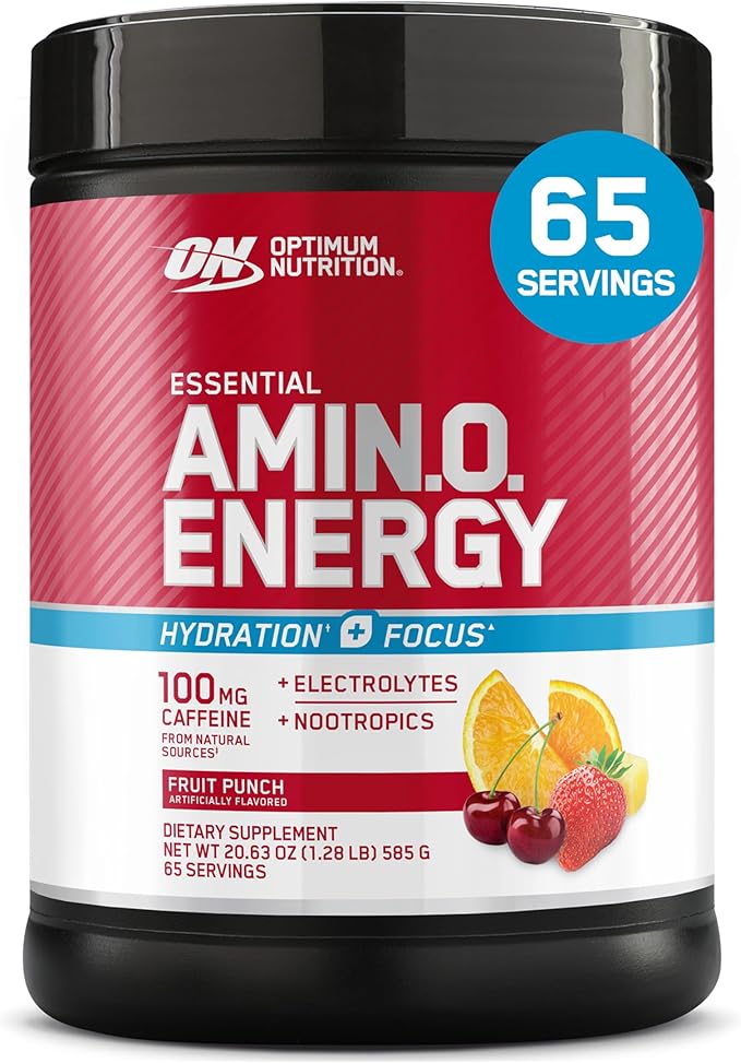 Optimum Nutrition Amino Energy Powder Plus Focus, with BCAA, Electrolytes, and Caffeine, Fruit Punch, 65 Servings (Packaging May Vary)
