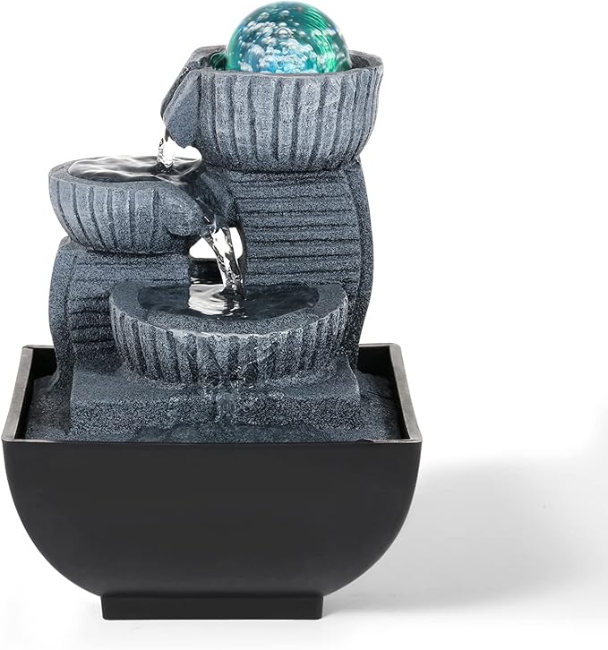 Dyna-Living Tabletop Water Fountain Indoor Relaxation Water Fountains Feng Shui Waterfall Fountain with Lights for Home Living Room Office Decor