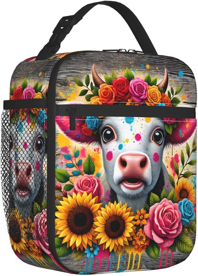 Cow Polyester Lunch Box for Kids Teen,Cute Reusable Thermal Lunch Bag for Adult Women,Farmhouse Insulated Tote Cooler Bags for School,Work,Picnic,Travel,Bright and Cheerful Farm Theme