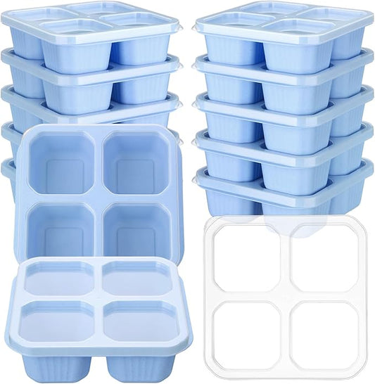 12 Pcs 4 Divided Compartments Snack Containers Bento Wheat Straw Snack Box with Lid Reusable Meal Prep Lunch Box Food Storage Containers for Adults Travel Work(Blue)