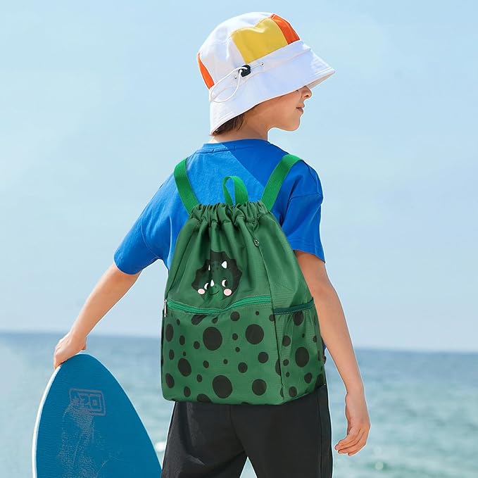 Dinosaur Drawstring Backpack Bulk for Kids Girls Boys Gym Dance String Bags Water Resistant Lightweight Triceratops Green