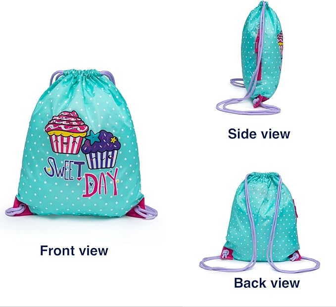 Girls Drawstring Backpack, Sport Cinch Bag (Ice Green -Cupcake)