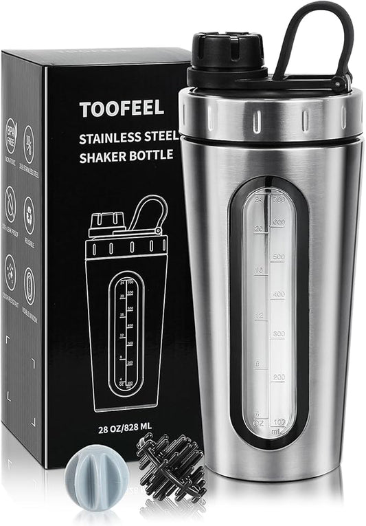 TOOFEEL Shaker Bottles for Protein Mixes 28 oz Stainless Steel Protein Shaker with 2 Mixing Ball, Not Stays Cold/Hot, Visible Window Metal Shaker Cups, Leakproof, BPA Free Bottle Shaker