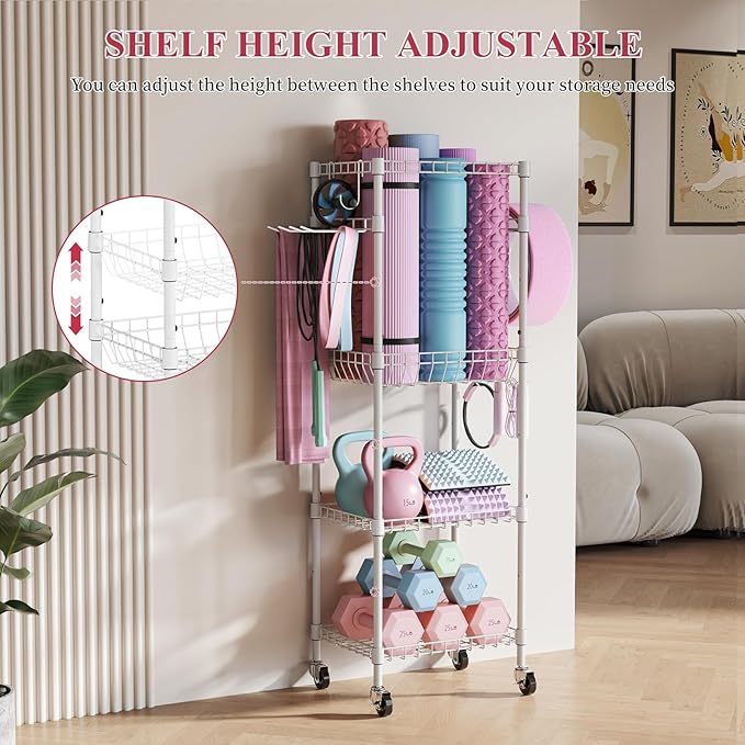 VOPEAK Home Gym Storage Rack with Wheels, Yoga Mat Storage Organizer for Kettlebells, Dumbbells, Resistance Bands, Space Saving Weight Rack for Home Gym, Garage, Easy to Install