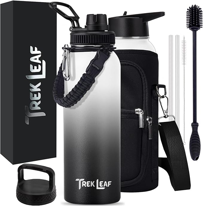 Travel Water Bottle with Carrying Bag, 3 Lids (Spout, Straw, Handle), and Bottle Brush; Leak Proof, Quality, Vacuum Insulated, Stainless Steel (Day & Night, 40 oz)