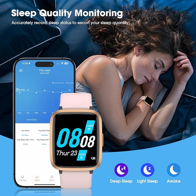 Fitness Tracker, Fitness Watch with Blood Oxygen, Blood Pressure & Heart Rate Monitor, Steps Calories Counter, Sleep Monitor, Pedometer 50 Meters Waterproof, Smart Watch for Android iPhones