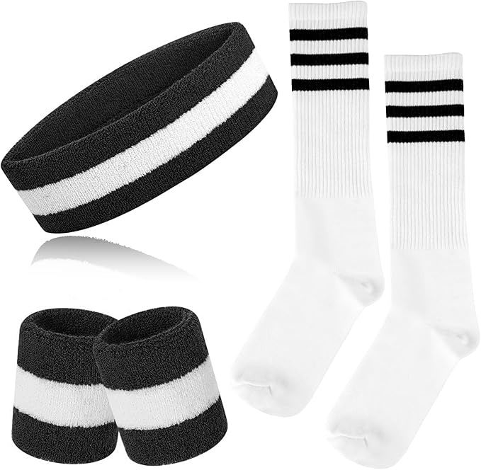 ONUPGO 5 Pieces Sweatbands Striped Socks Set Sports Headband Wristbands High Tube Socks 80s Accessories Costumes