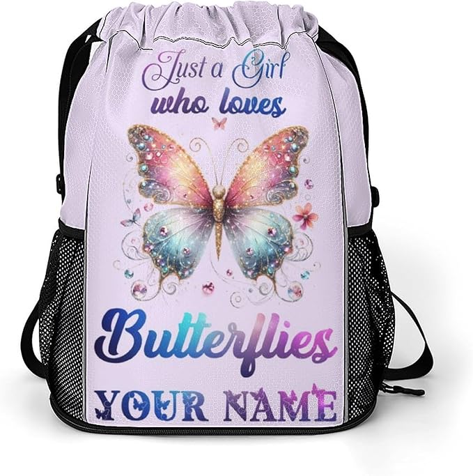 Custom Butterfly Drawstring Backpack - Cute Cinch Sack, String Backpacks with Pocket for Kids Boys Girls Women Men for Gym Outdoor Sports Travel Athletic Drawstring Bag - Lightweight/Foldable