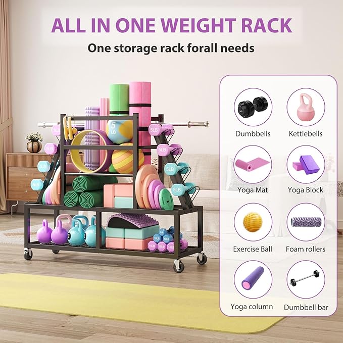 Dumbbell Rack Weight Rack Storage-Large Dumbbells Rack Home Gym Storage,Multilevel Workout Storage Organizer with Wheels and Barbell Holder,Perfect for Yoga Mat Balls Kettlebells and Fitness Gear,black
