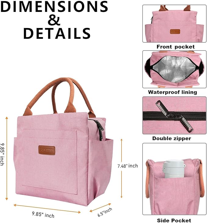 Joymee Lunch Bag Women Insulated Lunch Box Reusable Leakproof Large Spacious Cooler Tote for Womens Mens Adults with Bottle Holder and Side Pockets for Work Office Travel Picnic - Light Pink