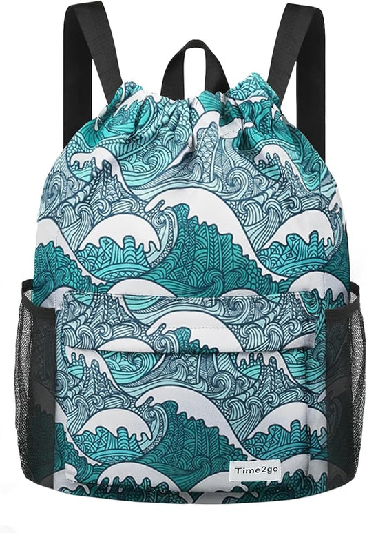 Drawstring Backpack Sports Gym Sackpack with Mesh Pockets Water-Resistant String Cinch Beach Bag for Men Women(Blue Waves)