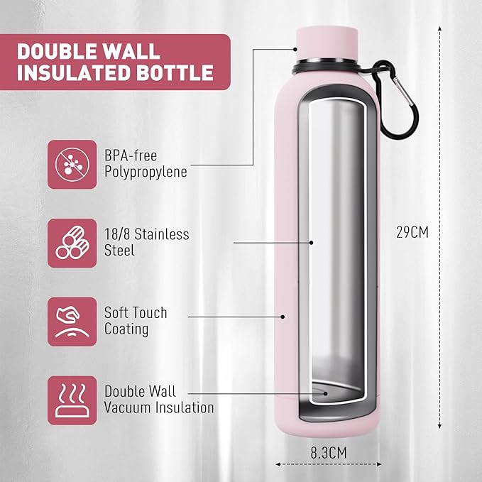 Slim Insulated Water Bottles for Travel 32oz with Clip, Double Wall Vacuum Stainless Steel Water Bottle Keeps Drinks Cold 24 Hrs/Hot 12 Hrs, 100% Leakproof, BPA Free(Pink)