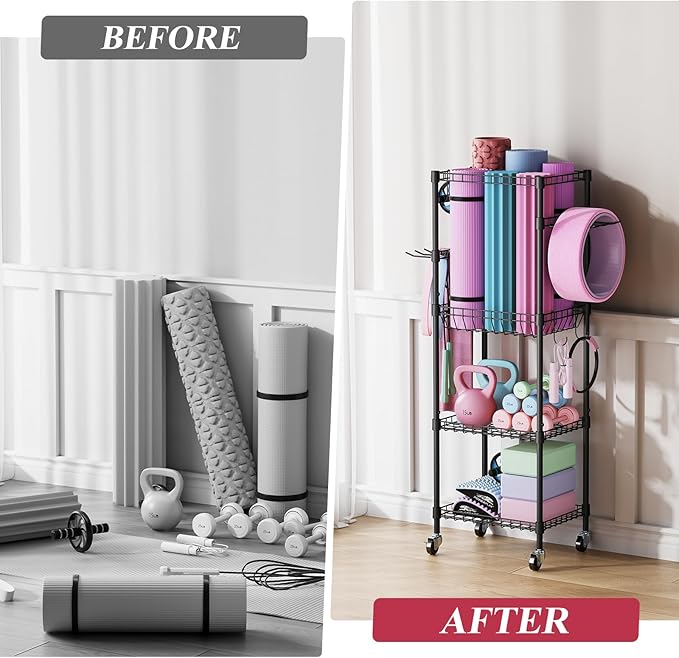 VOPEAK Home Gym Storage Rack with Wheels, Yoga Mat Storage Organizer for Kettlebells, Dumbbells, Resistance Bands, Space Saving Weight Rack for Home Gym, Garage, Easy to Install