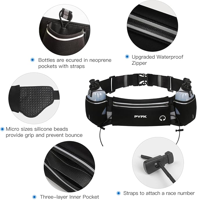 PYFK Running Belt with Water Bottles, Hydration Belt for Men and Women, Water Bottle Holder Running Pouch Water Belt, Fanny Pack Fits 7 inches Phones, Waist pack for Runner Jogging