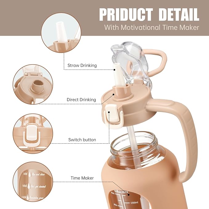 64 oz Glass Water Bottle with Straw and Handle Half Gallon Water Jug with Silicone Sleeve Large Water Bottle for Office, Gym, Outdoor Sports