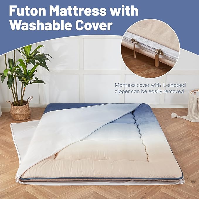 Japanese Floor Mattress, Futon Mattress with Portable Storage Bag and Washable Cover, Roll Up Thick Tatami Mat Suitable for Camping, Guest Room (Coastal Gradient, Full)