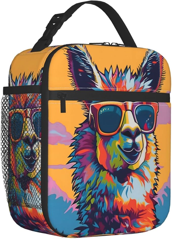 Colorful Llama Lunch Box for Women Girls Kids, Insulated Cooler Cool Sunglasses Llama Lunch Bag for School, Picnic, Office, Work, Travel, Portable Polyester Thermal Reusable Tote Lunch Bags