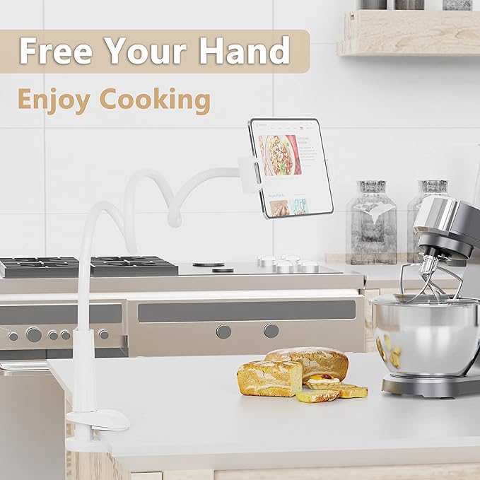 Tablet Stand Holder, Mount Holder Clip with Grip Flexible Long Arm Gooseneck Compatible with ipad iPhone/Nintendo Switch/Samsung Galaxy Tabs/Amazon Kindle Fire HD (New White)