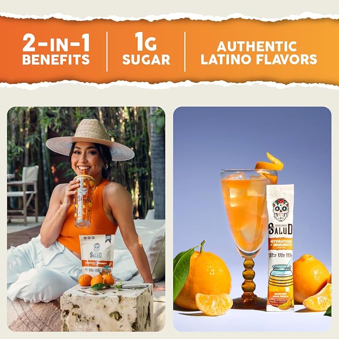 Salud 2-in-1 Hydration Packets + Immunity Electrolytes Powder, Mandarin - Agua Fresca Drink Mix, Elderberry, Dairy & Soy Free, Non-GMO, Gluten Free, Vegan, Low Calorie, 1g Sugar (15 Servings)