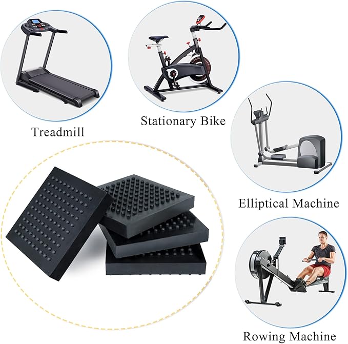 BXI Exercise Equipment Mat Heavy Duty - 4 x 4 x 0.8 Inches 4 Pcs Non Slip Noise Reduction Anti Vibration Treadmill Stationary Bike Mats, Thick Steel Embedded Rubber Pad for Hardwood Floors & Carpet