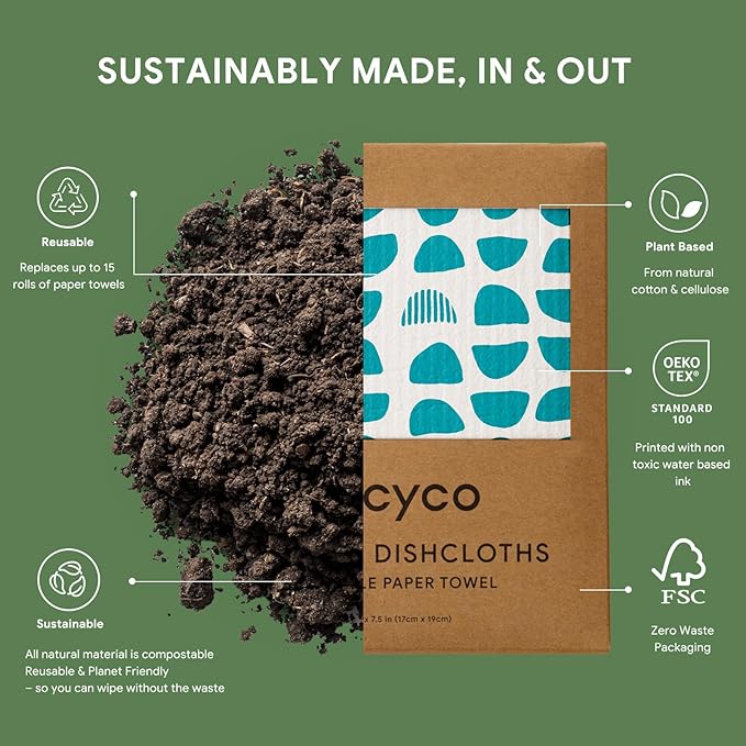 RECYCO Swedish Dishcloths for Kitchen | 6 Pack Modern Geo Washable Dish Rags | Cellulose Reusable Cleaning Paper Towels | Absorbent Counter Dish Cloth Sponge Kitchen Wipes, 8" L x 7" W