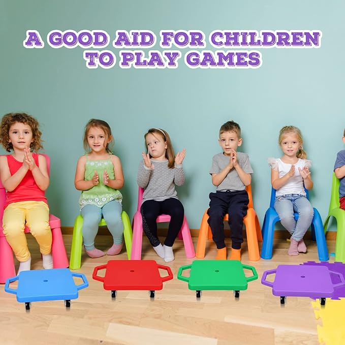 Jerify 4 Pieces Sports Scooter Board with Handles Plastic Casters Floor Sitting Scooter Boards for Kids Children Gym Indoor Outdoor Activities Play Equipment, 11.22 x 11.22 inch