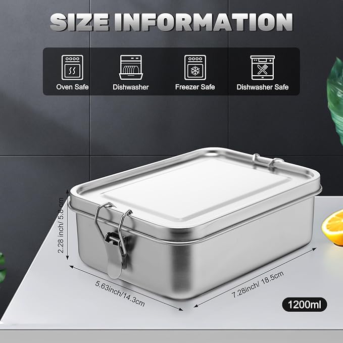 Umigy 1 Pcs Stainless Steel Food Containers Metal Bento Lunch Box Stainless Steel Food Storage Containers, Lockable Clips to Leak Proof, Reusable Dishwasher Snack Boxes for Work, Picnic (1200ml)