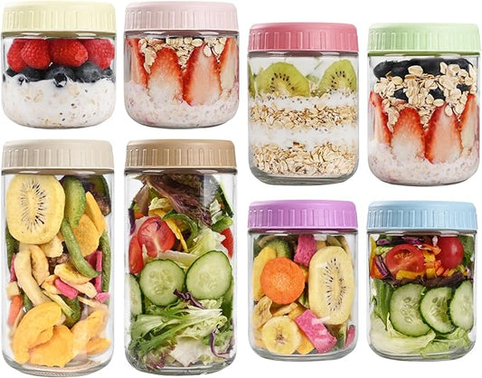 Overnight Oats Containers with Lids, Glass Jars with Lids 8 pcs, Wide Mouth Mason jars for Salad, Yogurt, Snacks, Meal Prep