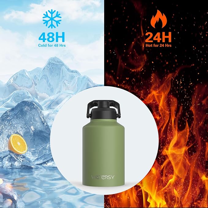 1 Gallon Water Bottle Insulated(Cold for 48 Hrs),BPA Free&Leak Proof,128oz Stainless Steel Water Jug,Big thermo,Large Water Bottle with Handle for Gym,Hiking,Camping&Travel,Olive Green
