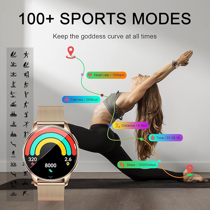 Smartwatch for Women, Waterproof Bluetooth Call Watch for Android iOS Phones, 1.32" AMOLED Round Touch Screen Fitness Tracker with 100+ Sports Modes/Health Monitor/Password Lock/Message Reminder