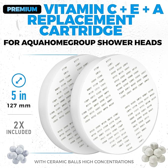 AquaHomeGroup Vitamin C + E + A Shower Filter Replacement Cartridge (Pack of 2) - Vitamin Infused Shower Head Filter for Healthier Skin, Hair, and Nails - Removes Chlorine