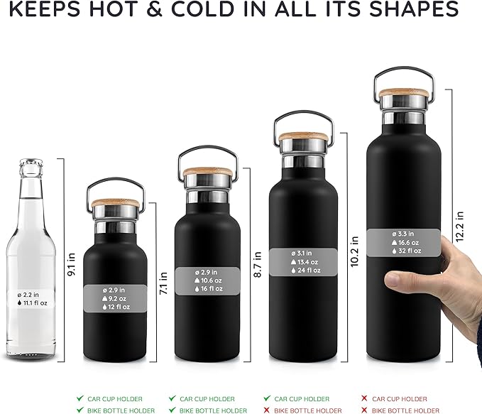 Bambaw Thermo Water Bottle 12 oz, Black Water Bottle, Insulated Water Bottle, Small Metal Water Bottle Stainless Steel, Wide Mouth, Leakproof, Cold & Hot Water Bottle – Jet Black