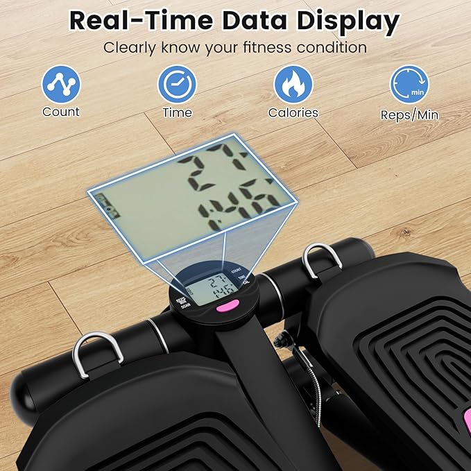 GYMAX Steppers for Exercise at Home, Hydraulic Mini Stair Stepper with Resistance Bands & LCD Monitor, Portable Under Desk Cardio Equipment Step Machine for Home Gym