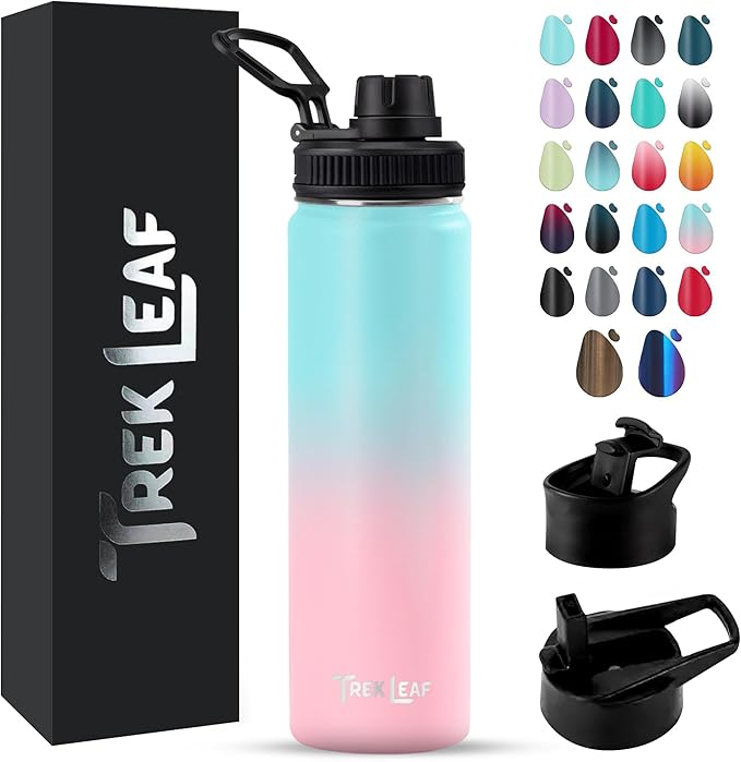 Travel Water Bottle with 3 Lids (Spout, Straw, Flip) Leak Proof, Quality, Vacuum Insulated, Stainless Steel (Hydrangea, 22 oz)