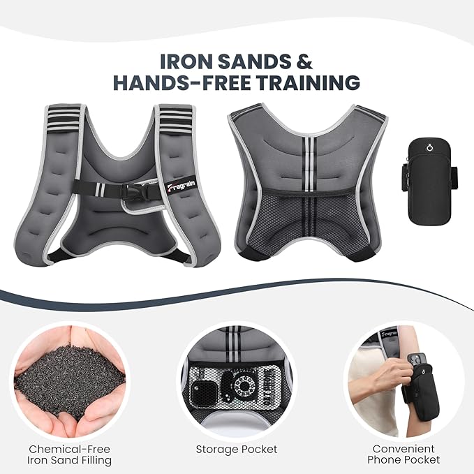 Fragraim Weighted Vest for Women Men - 8lb/10lb/12lb/16lb/22lb/25lb/30lb Weight Vest with Reflective Stripe, Detachable Phone Pouch, Ideal for Walking, Strength Training, Running, Workout, Cardio