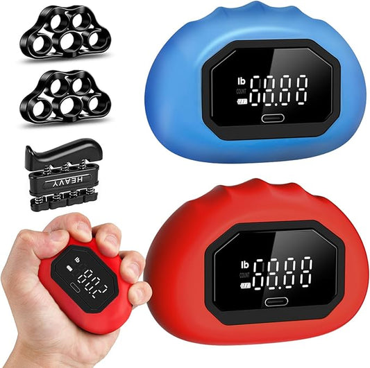 Hand Grip Strength Tester Trainer - Strength Dynamometer for Fun Rechargeable Hand Exercising Device with Finger Exerciser and Stretcher Exercise Workout Equipment for Palm Red Blue