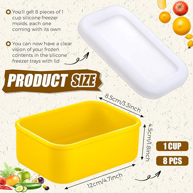 Nuogo 8 Pcs 1 Cup Silicone Freezer Containers with Lid Soup Freezer Molds Silicone Soup Containers Rectangle Trays Reusable Food Preserving Tray Ice Trays for Soups Sauces Stews(Yellow)
