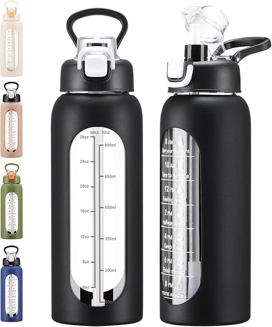 32 oz Glass Water Bolttles with Straw Large Motivational Water Bottle with Time Marker Sports Water Bottles with Silicone Sleeve and Handle Lid Water Jug for Gym Workout