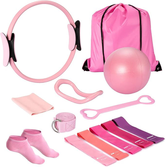 Ideal Swan Pilates Ring Essentials Kit for Women, Home Workout Equipment Set with 9.8” Ball, Resistance Bands, Accessories, Pilates Set for Legs Arms and Thighs（13 PCS）