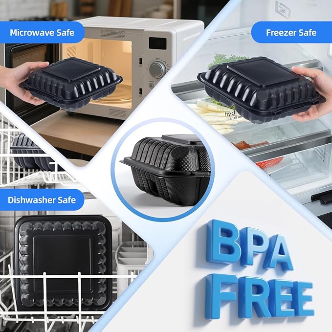 YANGRUI Food Containers Mineral Filled PP Plastic - 55 Pack 8x8 34 oz BPA Free | Shrink Wrap Microwave Safe | Reusable & Disposable Heavy Duty Clamshell Takeout | Black To Go 3 Compartment Lunch Box