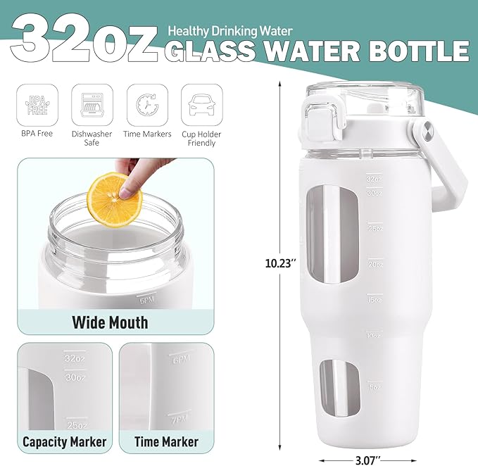 BLUEGO 32oz Glass Tumbler with Lid and Handle, Iced Coffee Cup with Straws, Glass Water Bottle with Silicone Sleeve and Volume, Marker Glass Cup with Time Marking, BPA Free, White