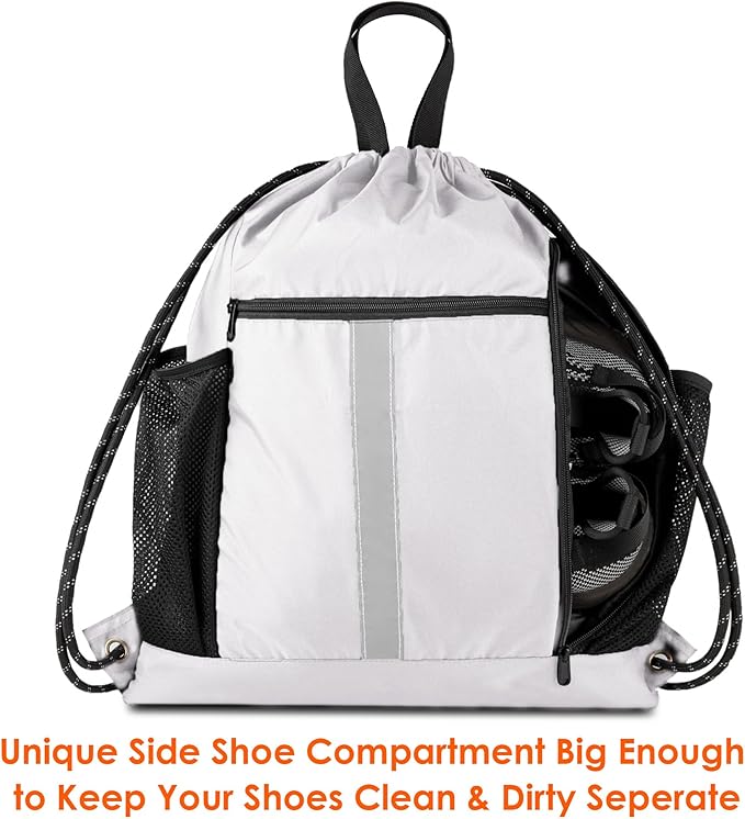BeeGreen White_Drawstring_Backpack_Bag_Sports_Gym_Backpack with Shoe Compartment and Two Water Bottle Holder for Men Women Large String Athletic Sackpack Workbag White