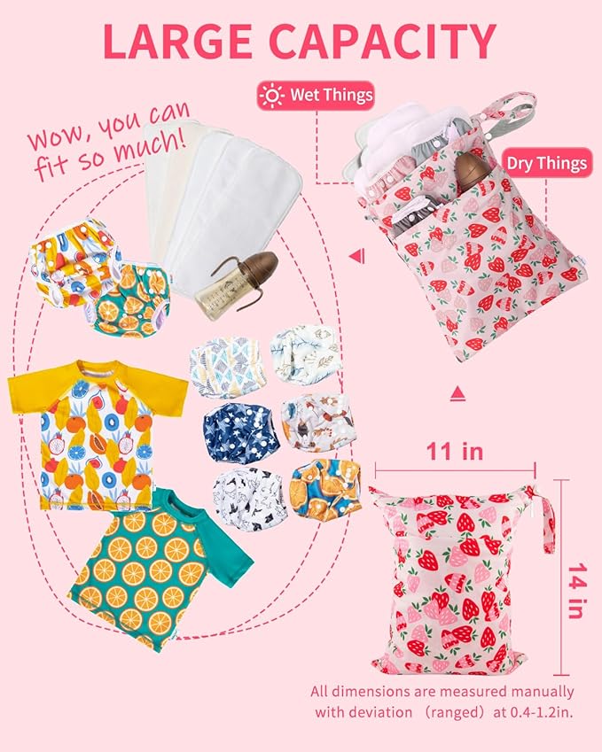 babygoal Wet Dry Bags for Baby Cloth Diapers, Washable Travel Bags, Beach, Pool, Gym Bag for Swimsuits & Wet Clothes with Two Zippered Pockets 2 Pack LN02