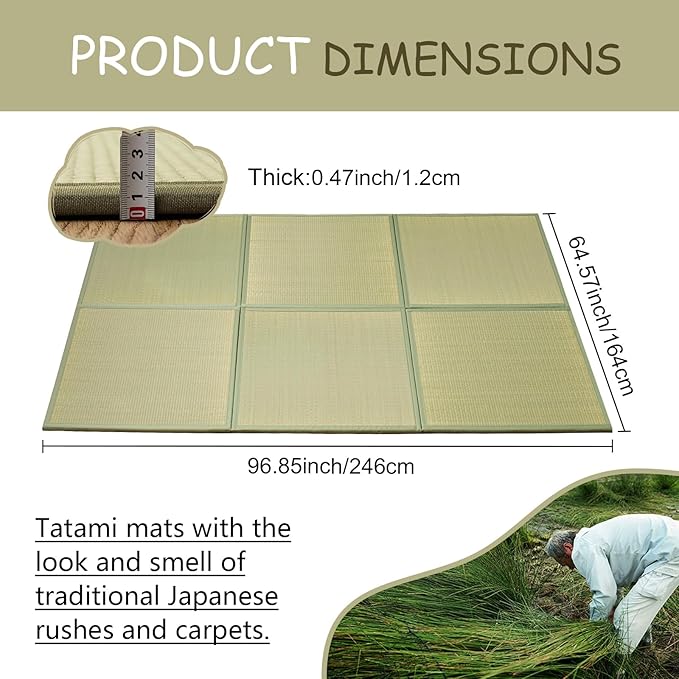 HAGiHARA Japanese Tatami Mat, Patchwork Tatami Floor Mats, 96" x 64" Foldable Square with Non-Slip Design for Bedroom, Crawling and Yoga, Made of Rush Grass, Igusa(with Edge/6 Picecs)