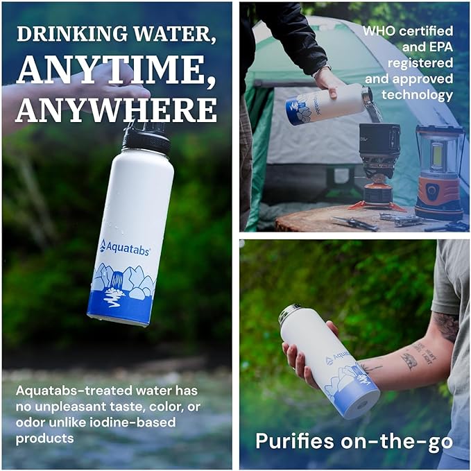 Aquatabs Insulated Stainless Steel Water Purifier Water Bottle with 100 Water Purification Tablets, BPA Free Water Purification Bottle Alternative to Filtered Water Bottle.