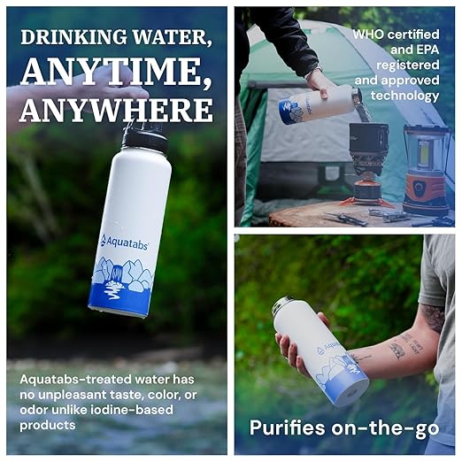 Aquatabs Insulated Stainless Steel Water Purifier Water Bottle with 50 Water Purification Tablets, BPA Free Water Purification Bottle Alternative to Filtered Water Bottle.